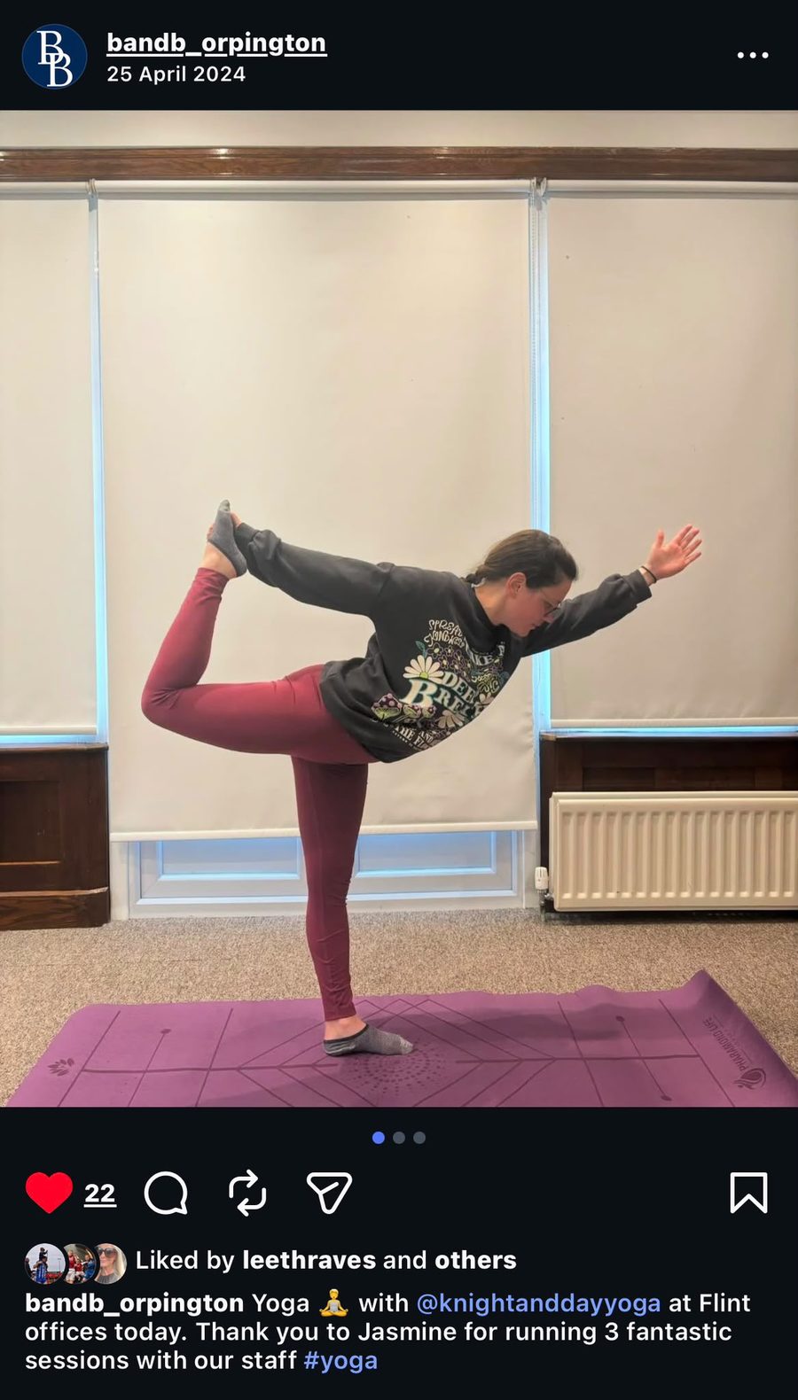 Brown & Brown Orpington's Instagram post thanking Jasmine for three fantastic staff yoga sessions